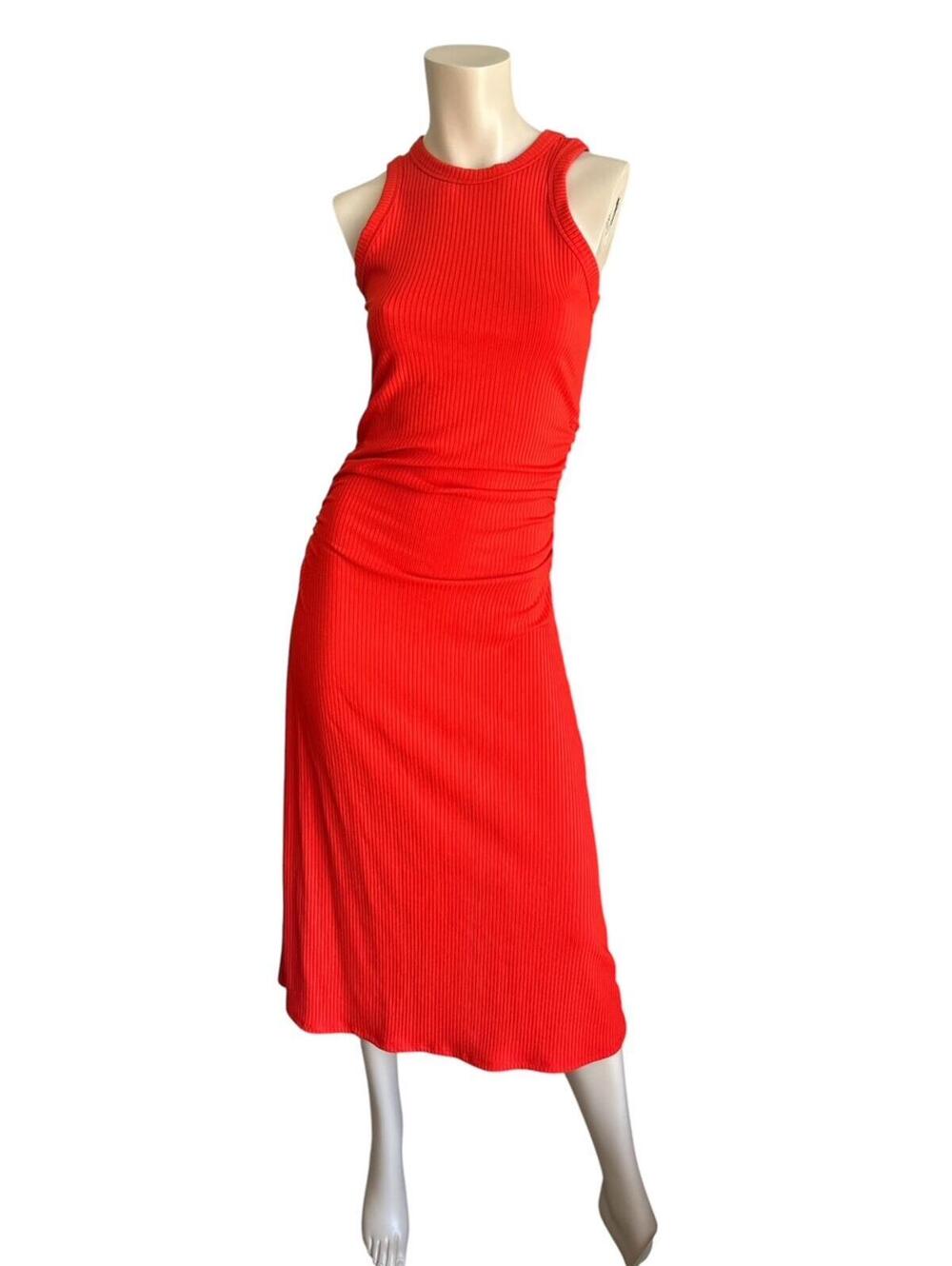 Ribbed Bodycon Stretch Dress Midi Size S Orange Ruched Summer Resort Beach